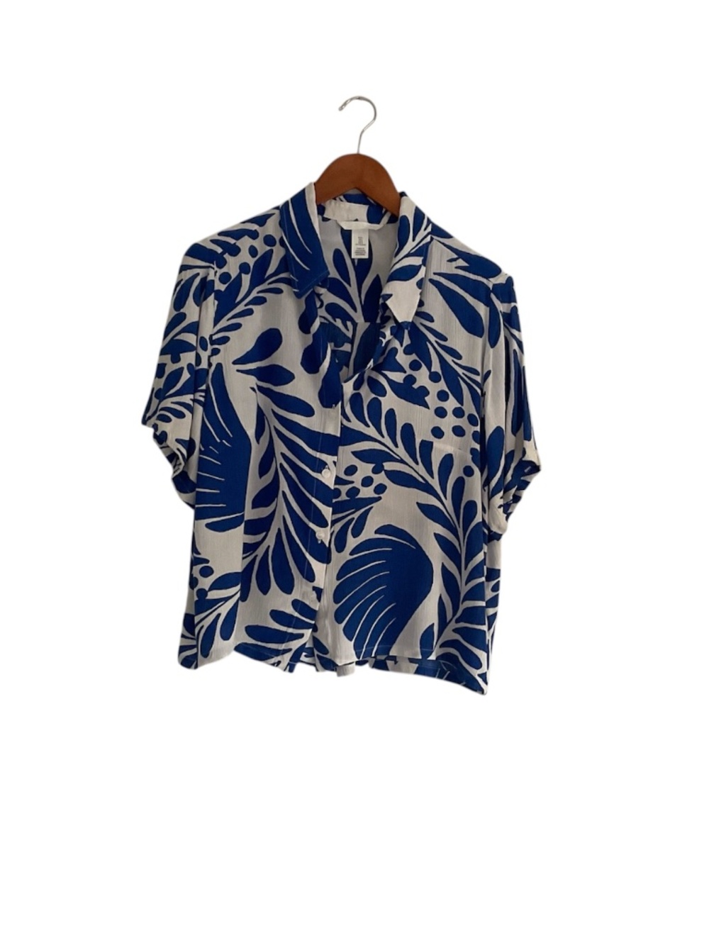 H&M Crinkle Viscose Shirt Sz L Blue White Short Sleeve Abstract Boxy Summer - Picture 2 of 7